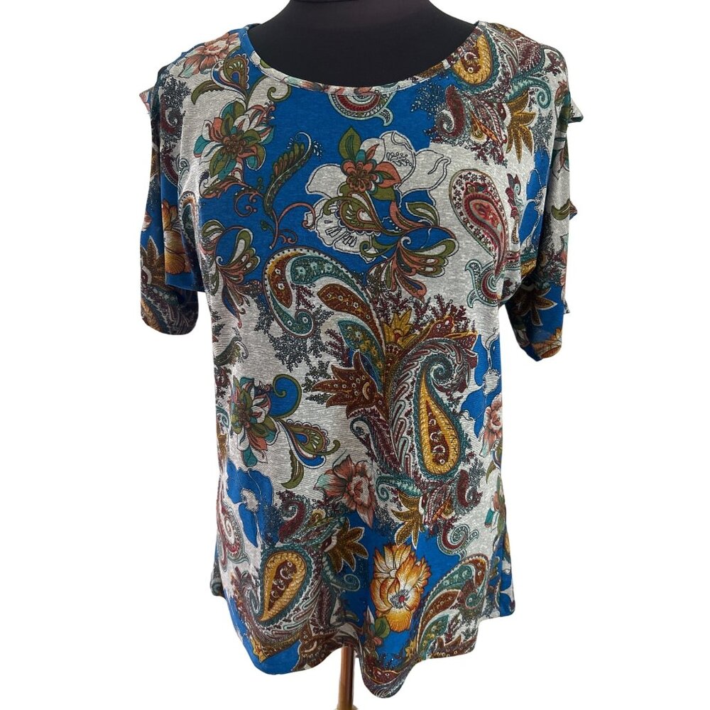 Lavish Brand Blue Floral Print Top With Sleeve Cutouts, Size Medium